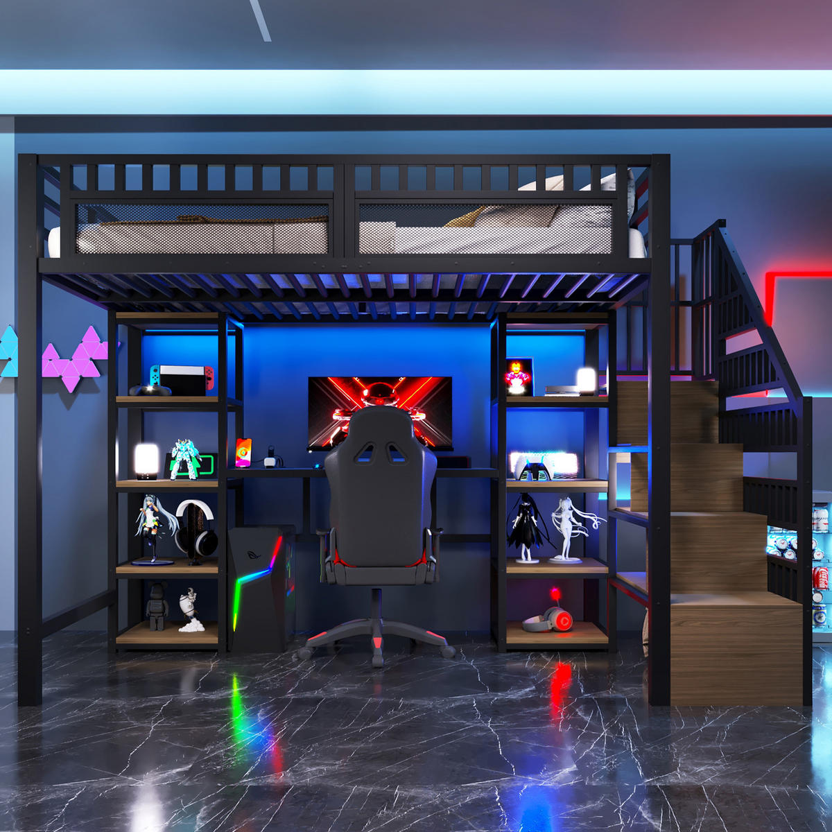 HOCHBETT 140x200cm Schwarz Mit Schreibtisch USB & LED - Schwarz, Metall - FLIEKS