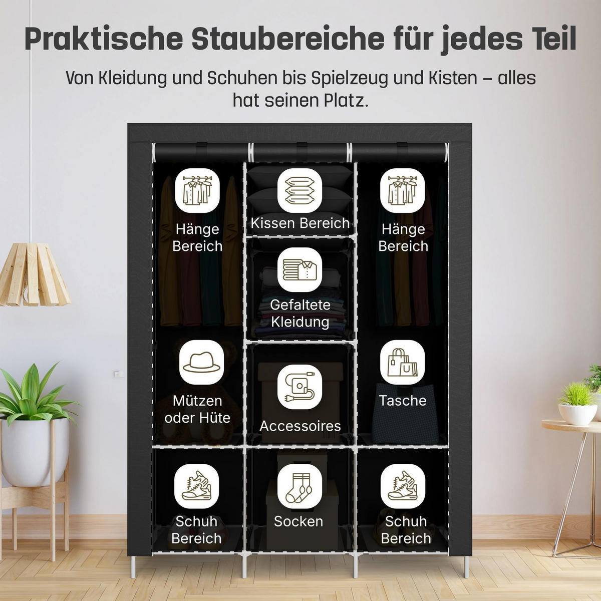 STOFFSCHRANK Kleiderschrank, 2 Kleiderstangen, 130/45/175 cm, Farbe: Schwarz - Schwarz, Textil (45/175/130cm) - Coemo