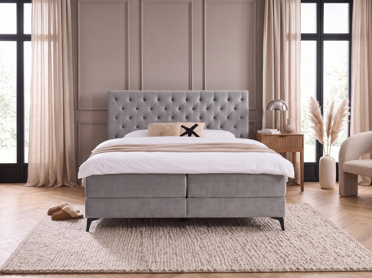 BOXBETT Amber Hellgrau 160/200 cm Samt mit Bettkasten, mit Matratze, mit Premium Topper H2/H3 - Hellgrau/Schwarz, Textil (160/200cm) - wonello