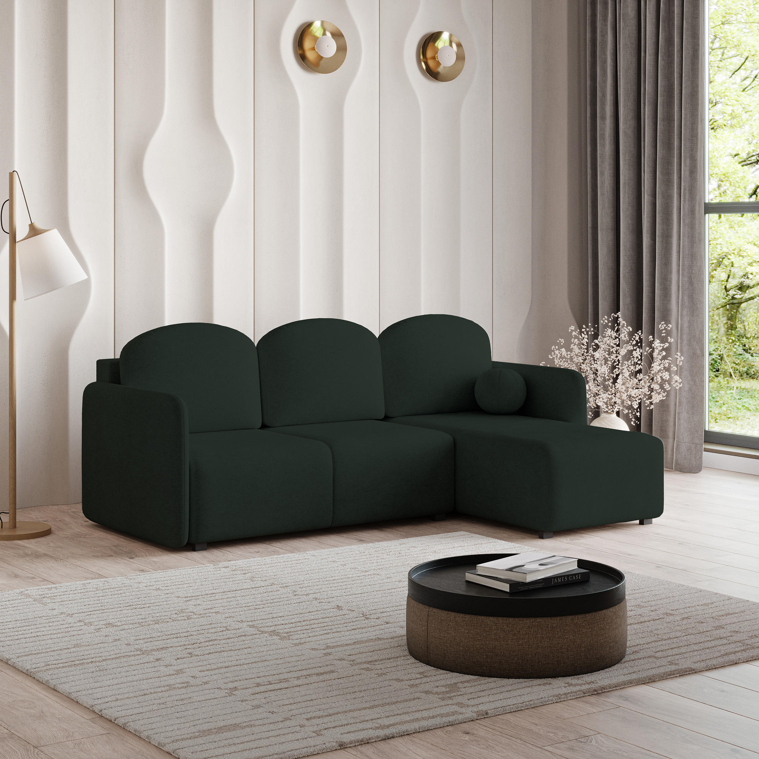 ECKSOFA SUVINO Grün Geflochtener Stoff mit Schlaffunktion - Grün, Holz (230/143cm) - MASSENO