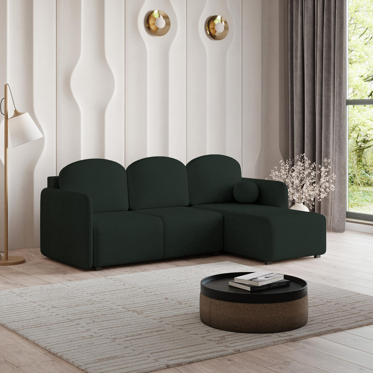 ECKSOFA SUVINO Grün Geflochtener Stoff mit Schlaffunktion - Grün, Holz (230/143cm) - MASSENO