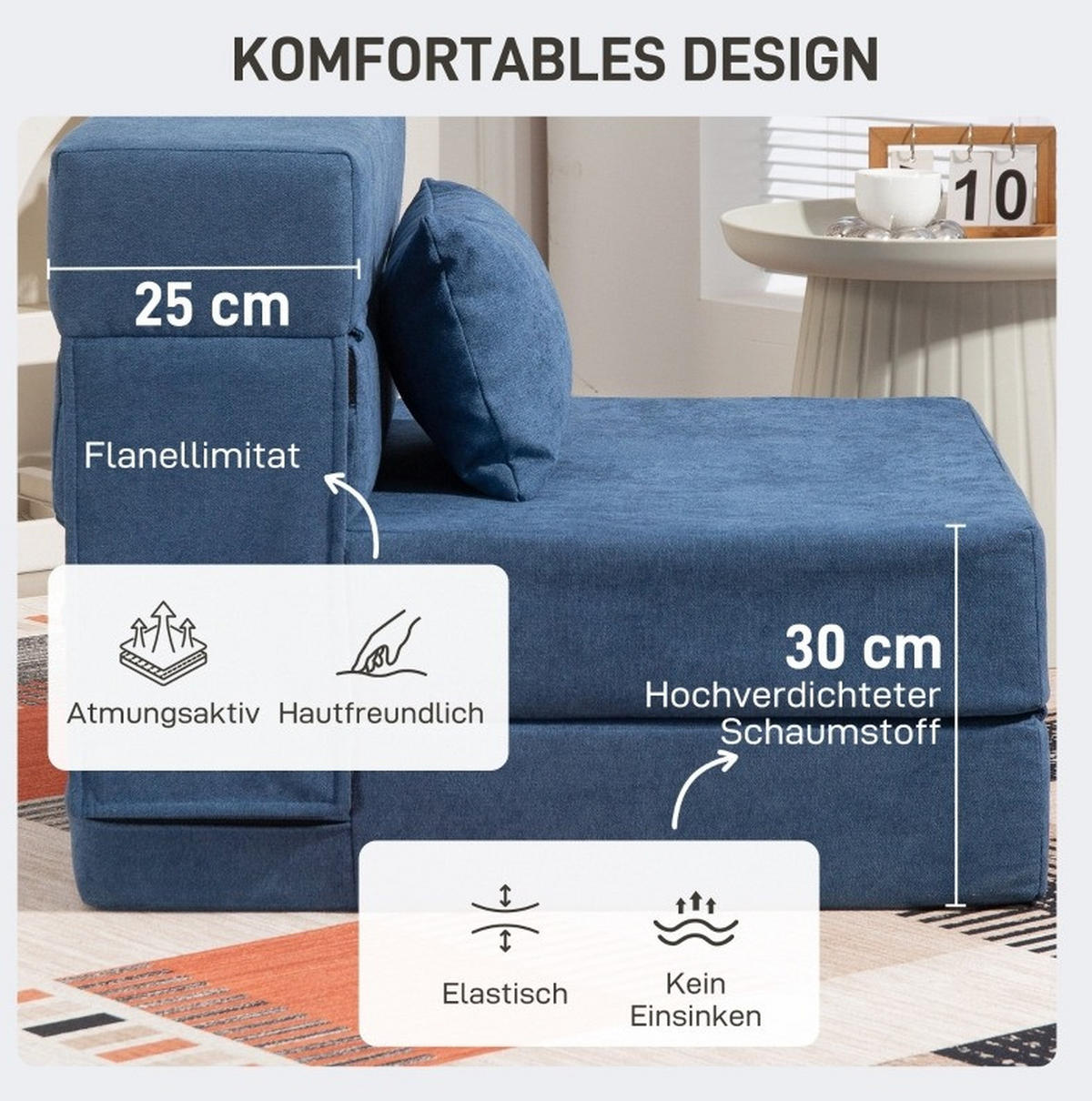 SCHLAFSESSEL in Blau 80x210x15 cm, klappbar mit Kissen - Blau, Kunststoff (210/15/80cm) - IVMEU