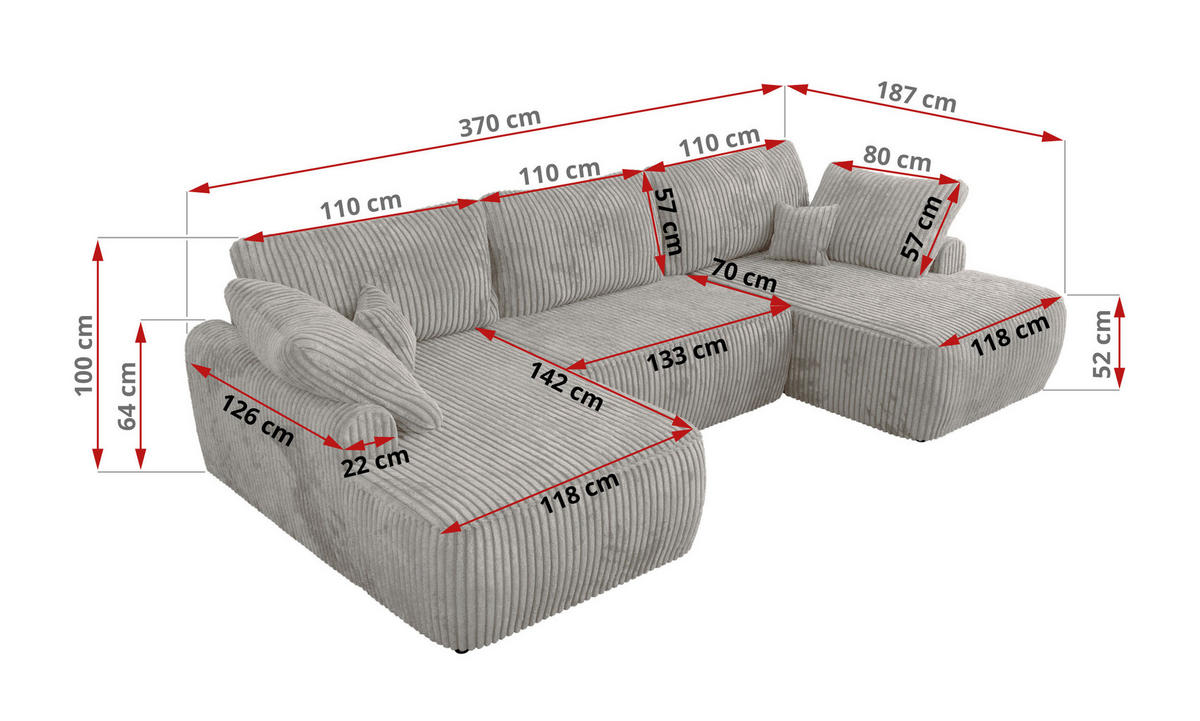 WOHNLANDSCHAFT CUBO U Grau Cord - Schwarz/Grau, Kunststoff/Textil (370/100/187cm) - MKS