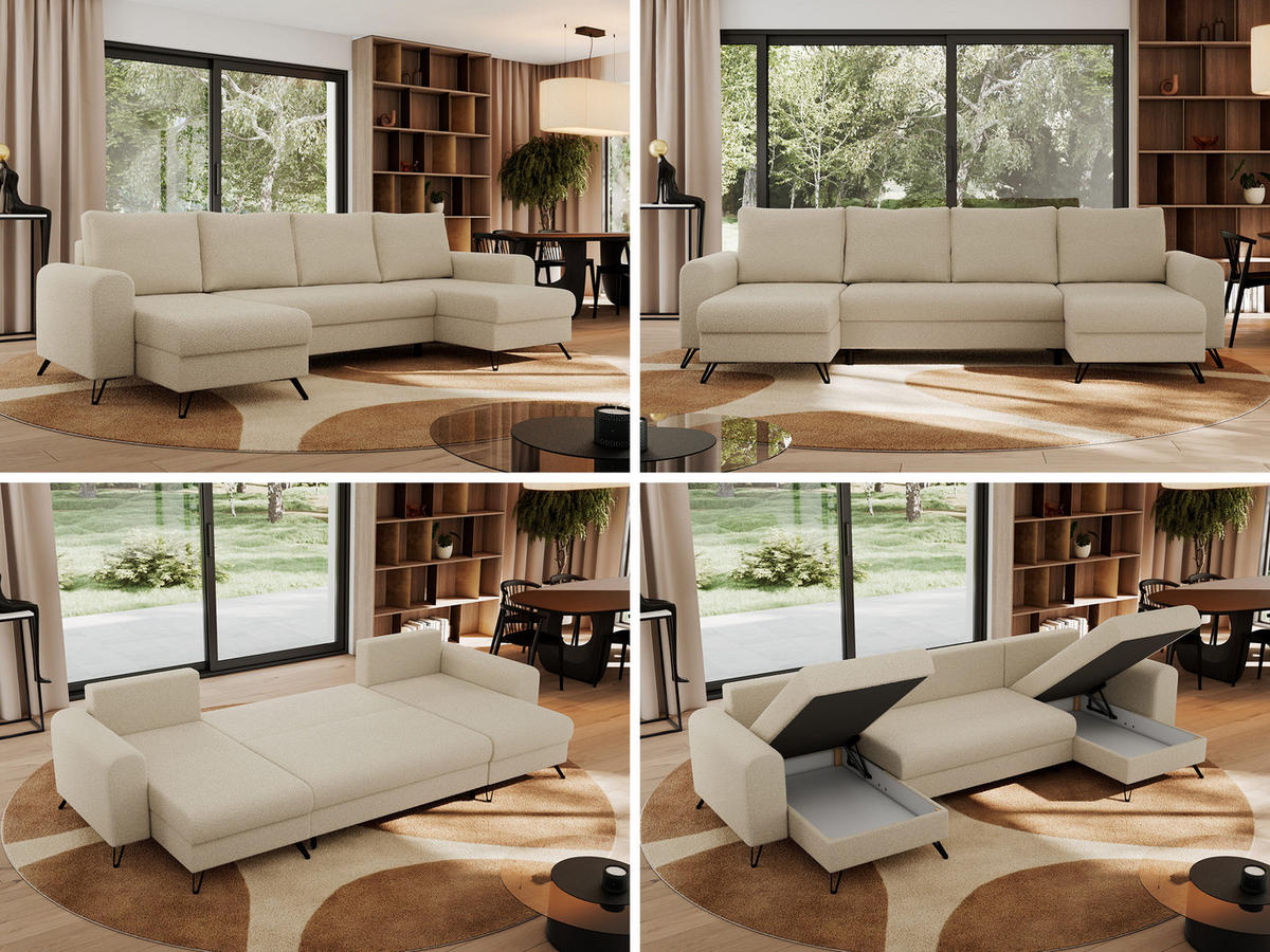WOHNLANDSCHAFT AXEL U Boucle Beige - Beige/Schwarz, Textil/Metall (312/90/140cm) - MKS