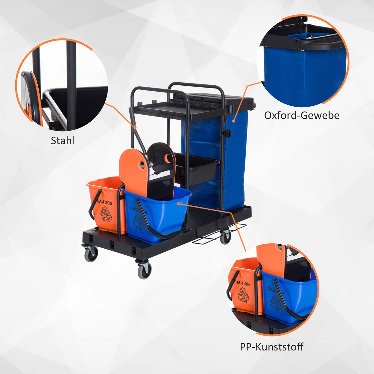 REINIGUNGSWAGEN Metall Kunststoff Schwarz Blau Orange - Schwarz, Kunststoff/Metall (63.3/103/111cm) - HOMCOM