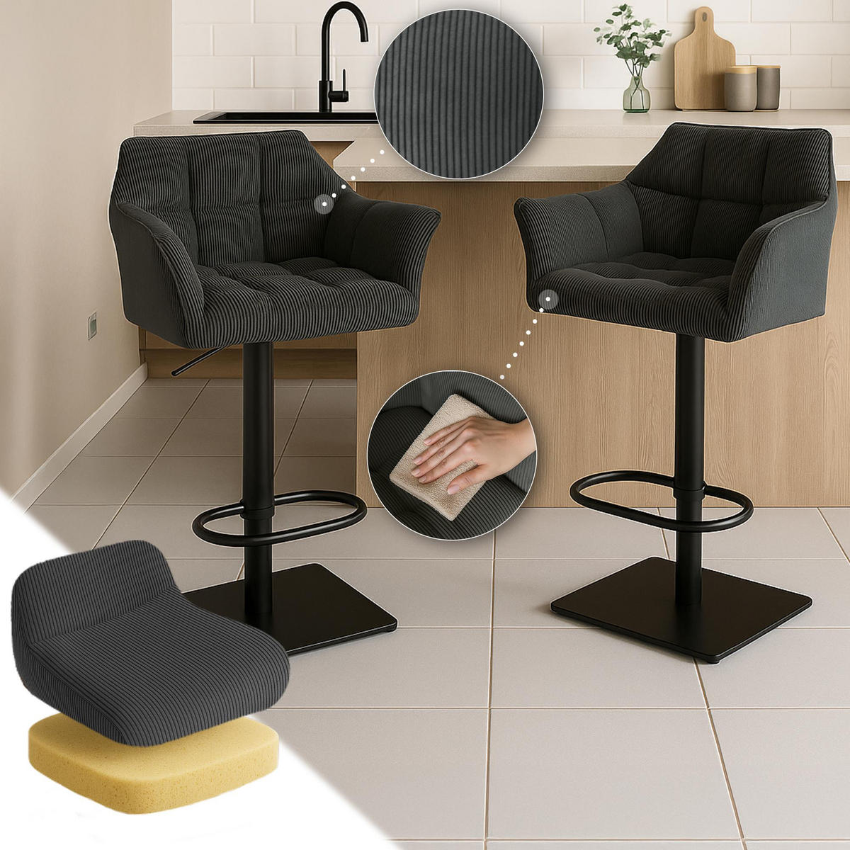 BARHOCKER Cord Dunkelgrau - Dunkelgrau/Schwarz, Textil/Metall (64/88/45cm) - CLP