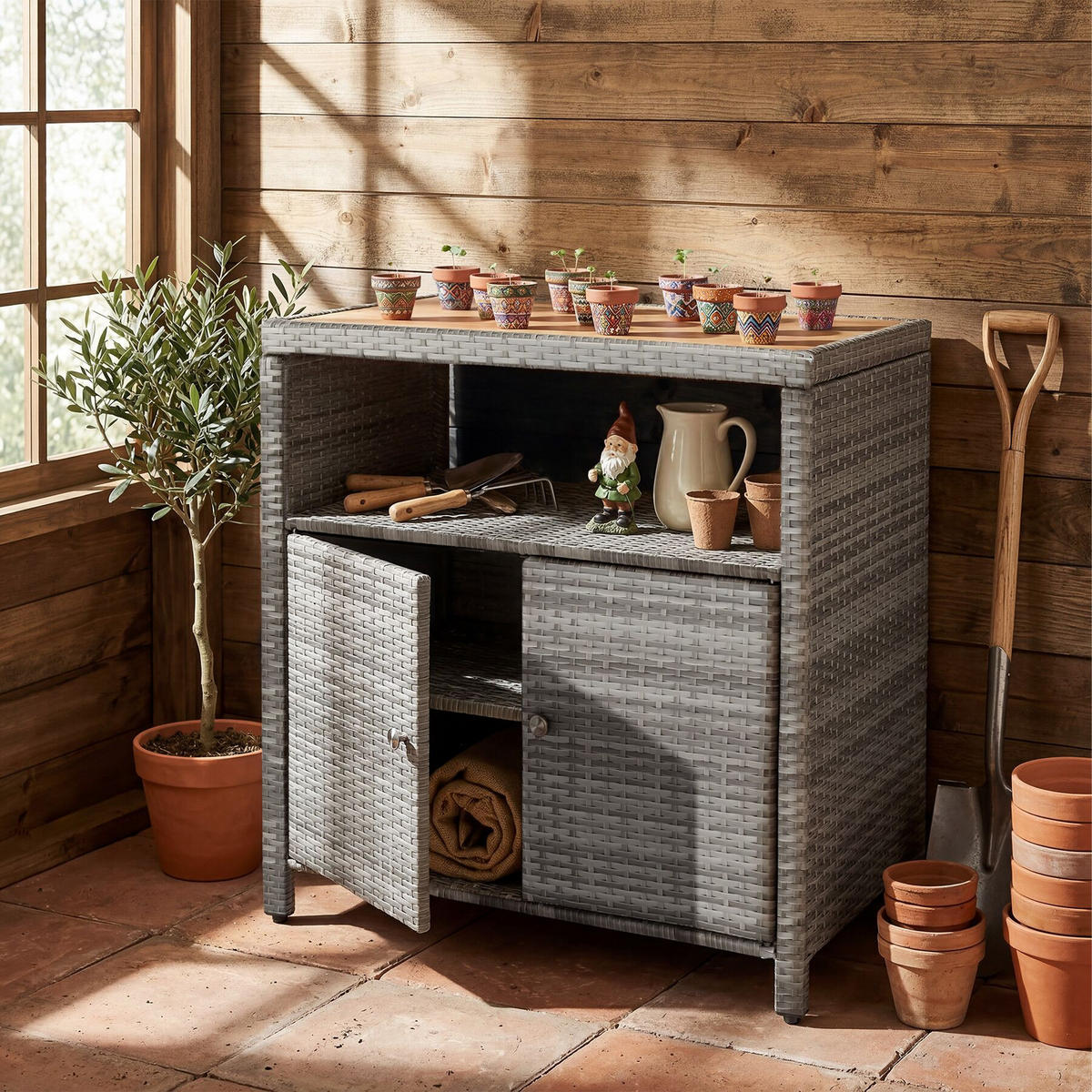 GARTENSCHRANK Monscia, höhenverstellbare Füße, 90 x 55,5 x 87 cm, grau - Grau, Kunststoff (90/97/55.5cm) - tectake