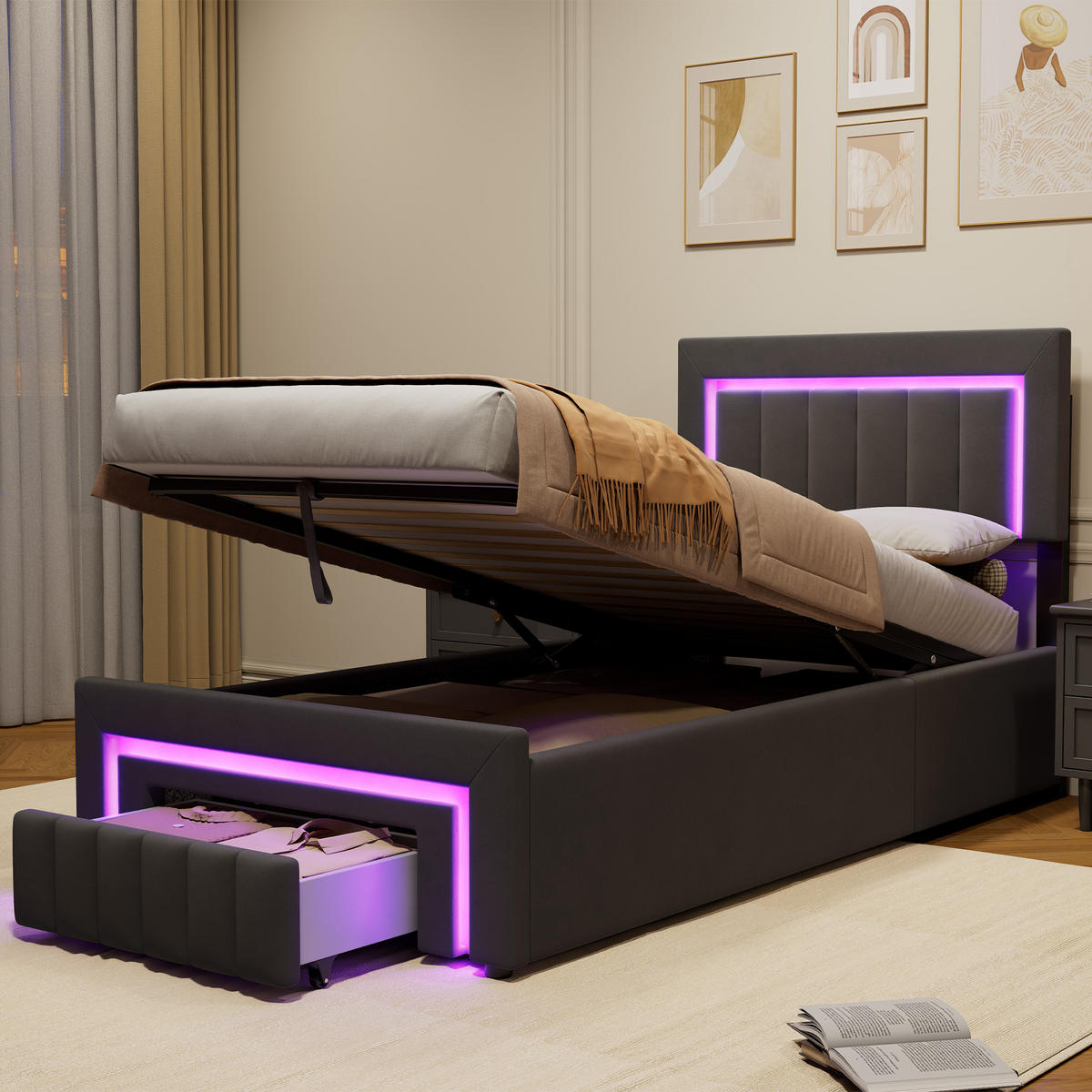 POLSTERBETT 90/200 cm mit hydraulischem Bettkasten, Schublade mit Rollen, LED-Beleuchtung, Grau - Grau, Textil (90/200cm) - Redom