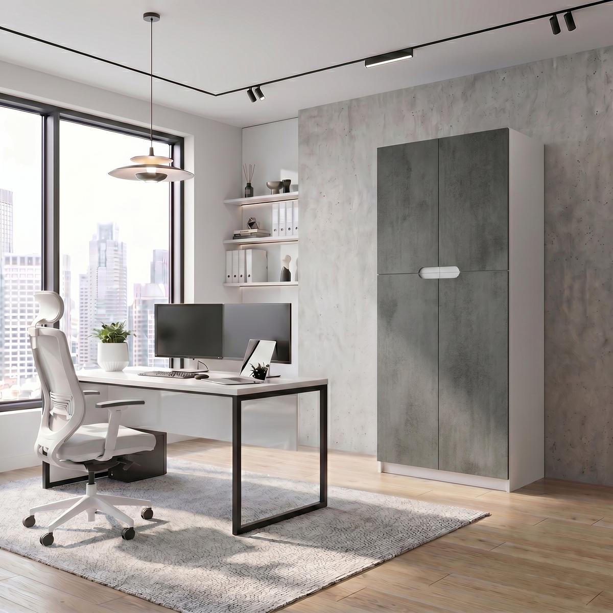 BÜROSCHRANK Logan Fronten in Beton Dunkel Optik - Dunkelgrau, Holzwerkstoff (82/184/37cm) - Vladon