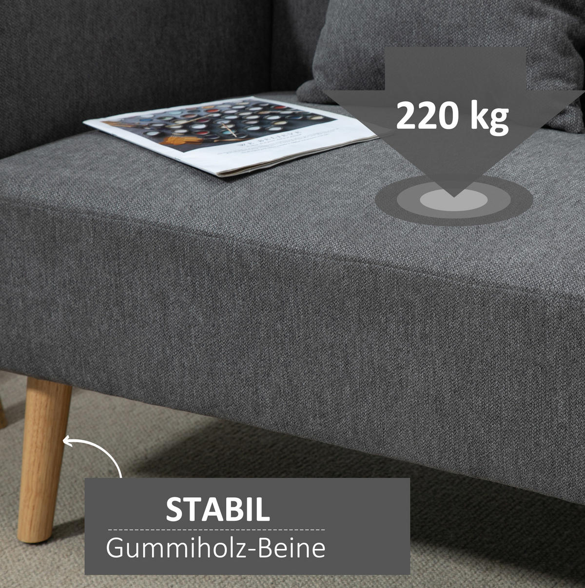 2-SITZER Sofa aus Polyester 130x70x80 cm in Grau mit 2 Kissen - Grau, Textil (70/80/130cm) - Modfu