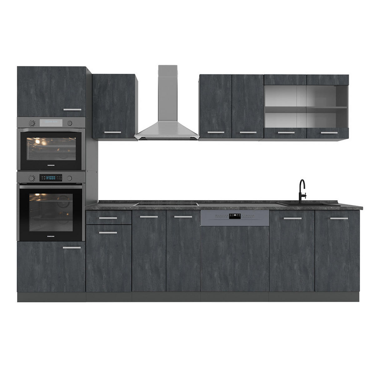 KÜCHENZEILE R-Line Schwarz Beton/Anthrazit 300 cm ohne AP - Anthrazit/Schwarz, Holzwerkstoff (300/81.6/46cm) - Vicco