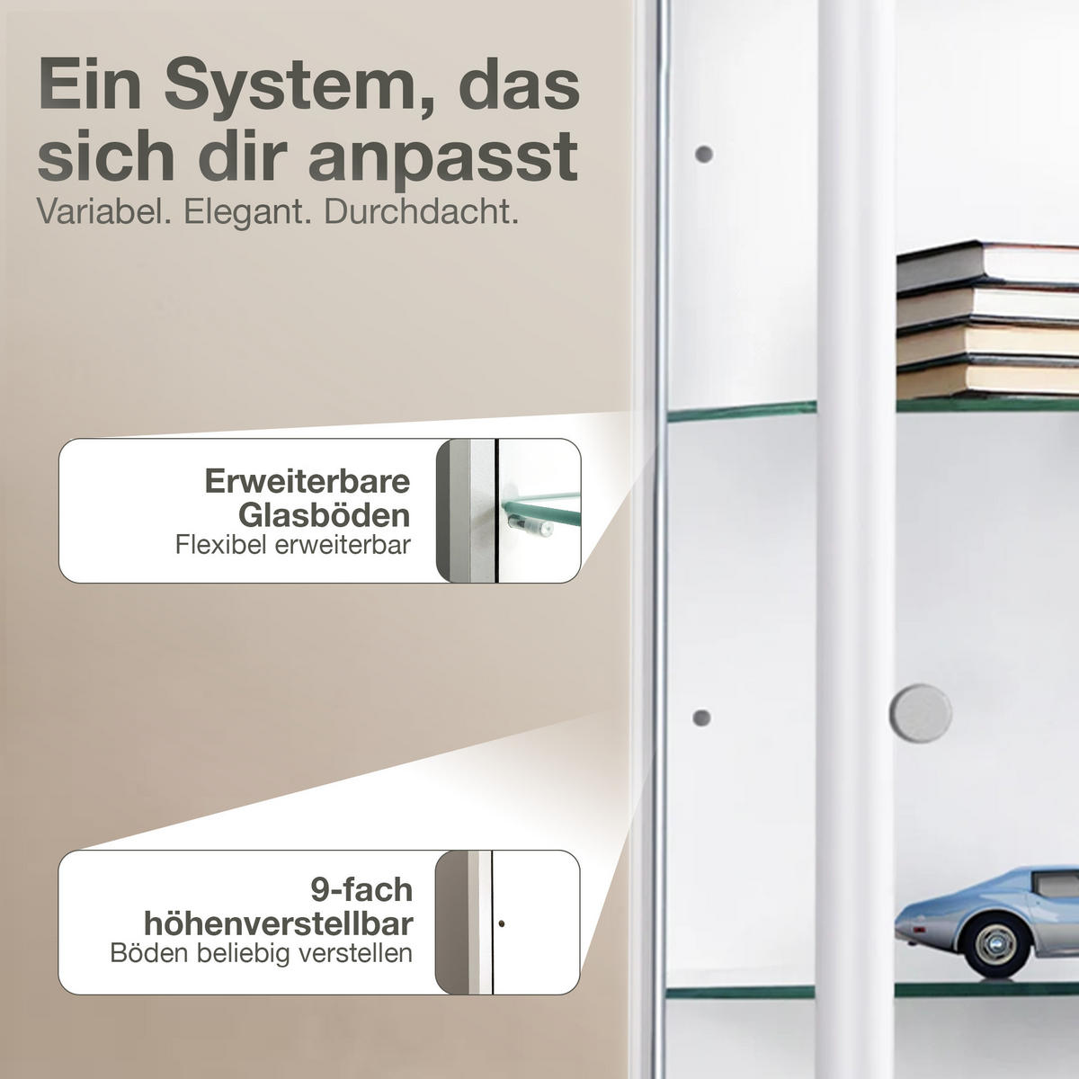 GLASVITRINE 33/37/176 cm mit LED & 4 höhenverstellbaren Glasböden - Transparent/Silberfarben, Glas/Holzwerkstoff (37/176/33cm) - K-Möbel