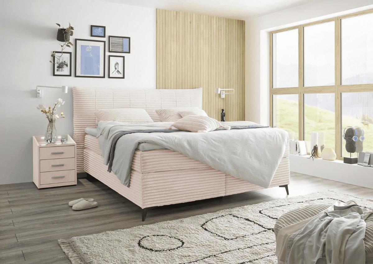 BOXSPRINGBETT 180x200 – Breitcord, Duo 7-Zonen-Tonnentaschen-Federkernmatratze, H3/H4, HR-Lux-Topper - Salbeigrün/Beige, Holz/Kunststoff (180/200cm) - ed exciting design