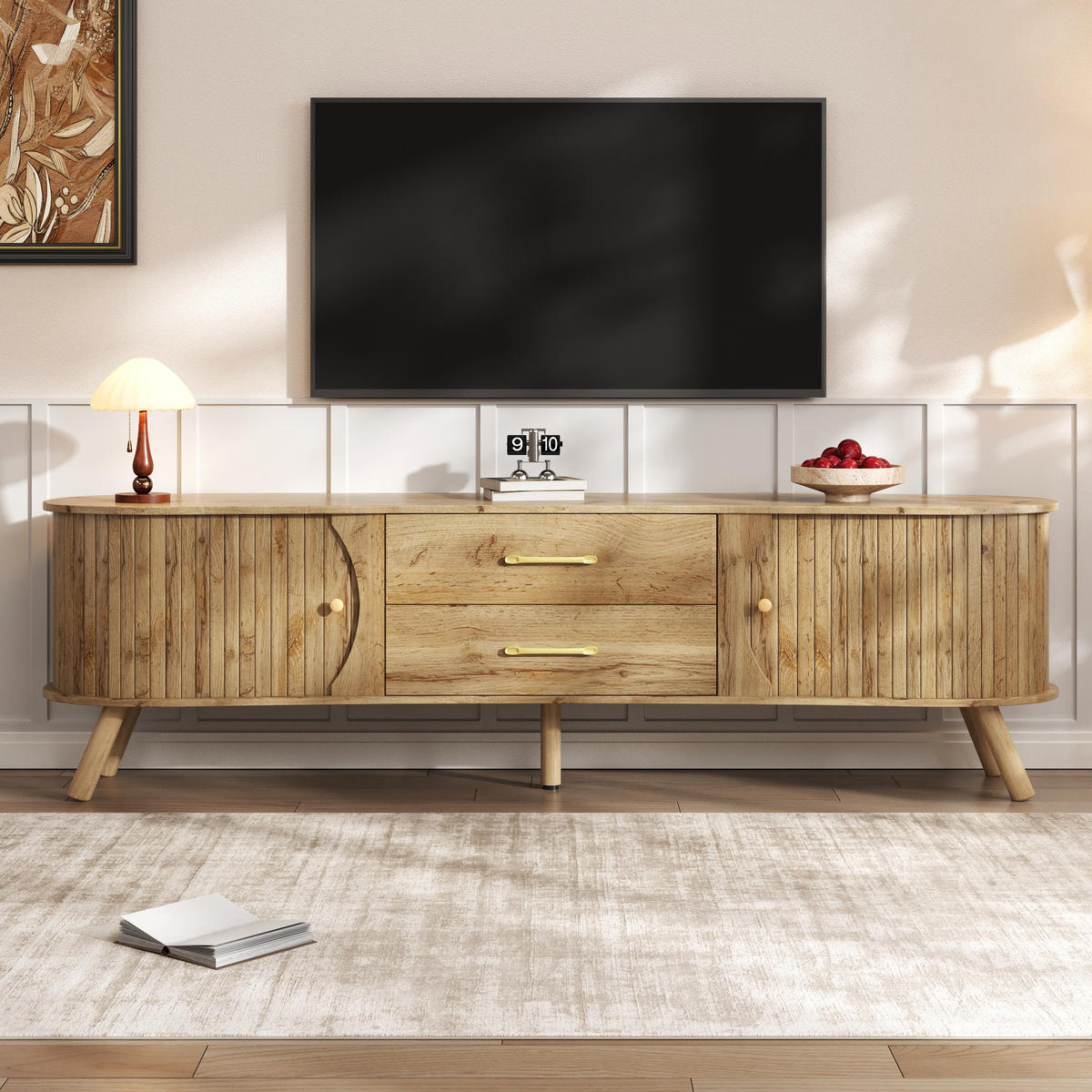 TV-LOWBOARD organisch Rillenoptik 2 Türen 2 Schubladen - Naturfarben, Holz (160/55/36.5cm) - Fortuna Lai