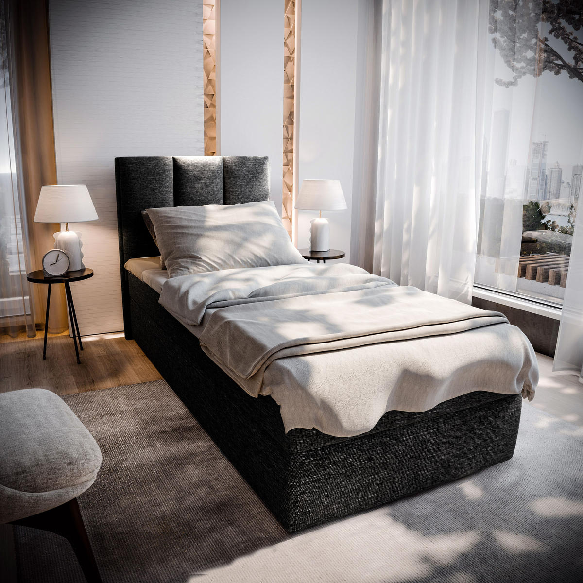 BOXBETT MERIL 100 100x200 cm mit Matratze und Topper - Schwarz - Schwarz, Holz (100/200cm) - MASSENO