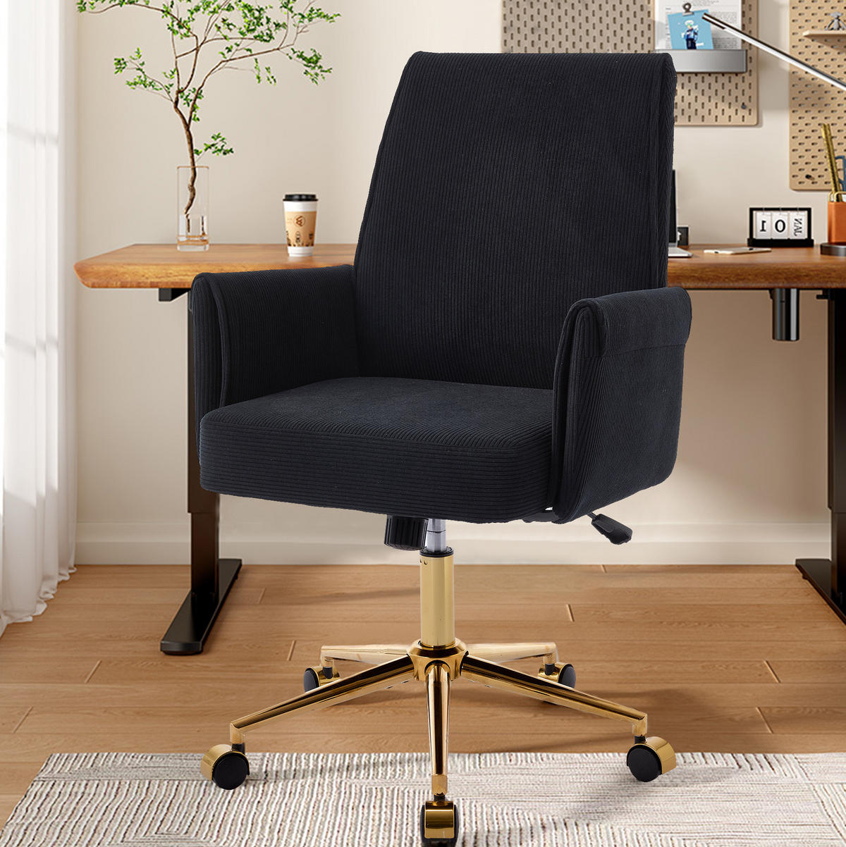 DREHSTUHL 64/61/107 cm schwarz aus Cord mit ergonomischer Rückenlehne und goldfarbenem Metallgestell - Schwarz, Textil (61/107/64cm) - OKWISH