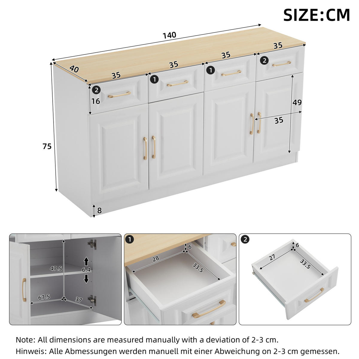 SIDEBOARD, 140/40/75 cm, dřevotříska bílá/barva dubu, se 4 zásuvkami a 4 dveřmi - bílá, kompozitní dřevo (140/75/40cm) - BEAOK