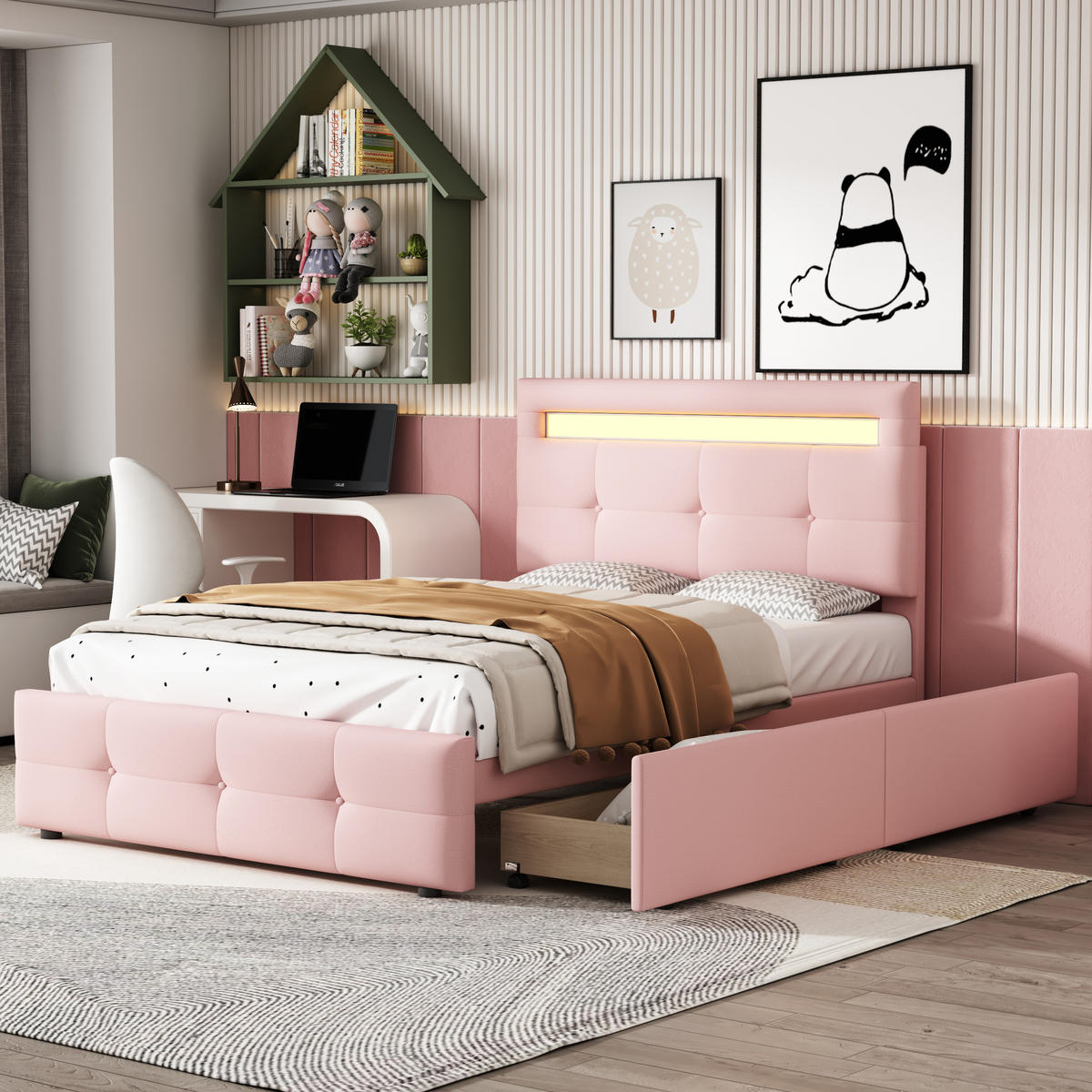 POLSTERBETT 90/200 cm Rosa mit LED-Beleuchtung und 2 Schubladen - Rosa, Textil (90/200cm) - Oxeza