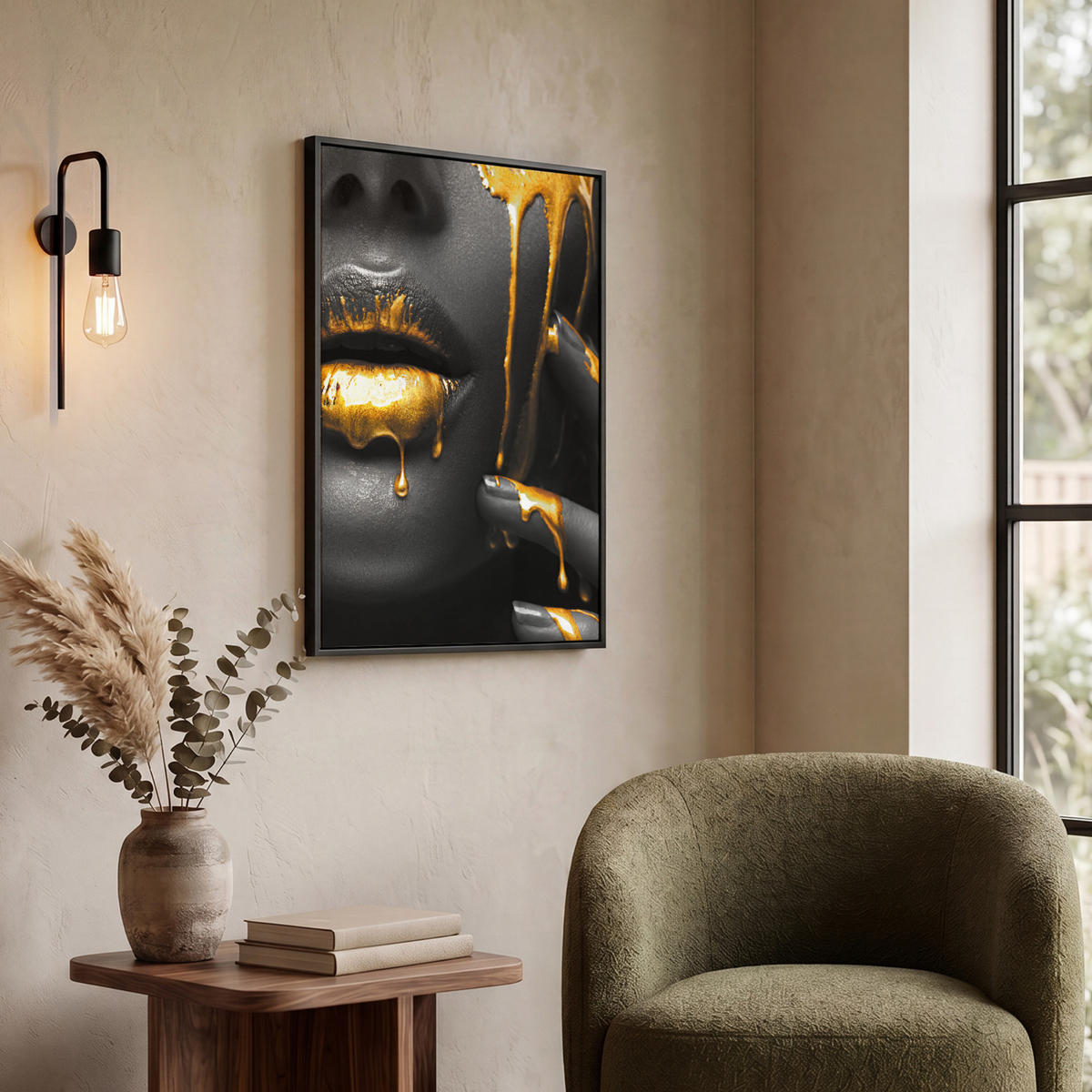 LEINWAND Bilder mit Rahmen - Frau - Schwarz - Gold - Gesicht - Lippen - 60x80 - Goldfarben, Textil (60/80cm) - MuchoWow