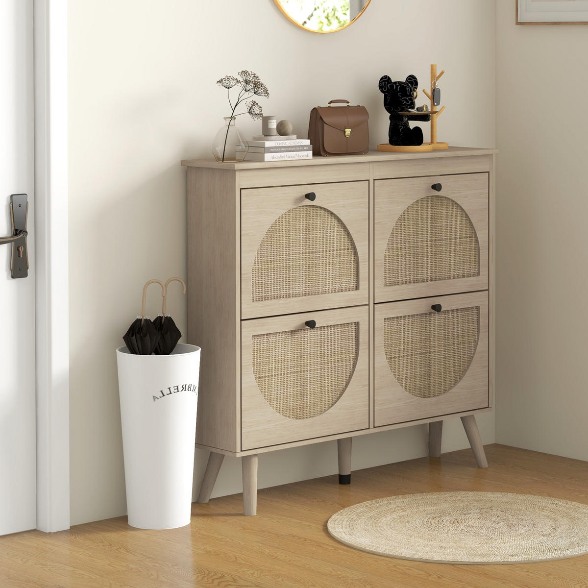 SCHUHSCHRANK DE-14995 4 Klapptüren mit Rattan-Optik Natur - Naturfarben, Holzwerkstoff (105/97.5/24cm) - ComfortXL
