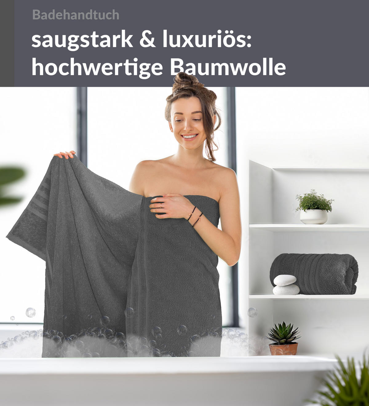 BADETUCH London Anthrazit Grau 2er Set 100x150 - Anthrazit, Textil (100/150cm) - Lashuma