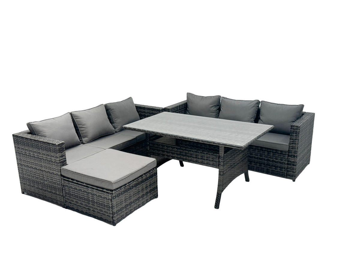 LOUNGEGARNITUR mit Fußschemel Polyrattan Dunkelgrau 7-Sitzer - Dunkelgrau/Grau, Glas/Kunststoff - Fimous