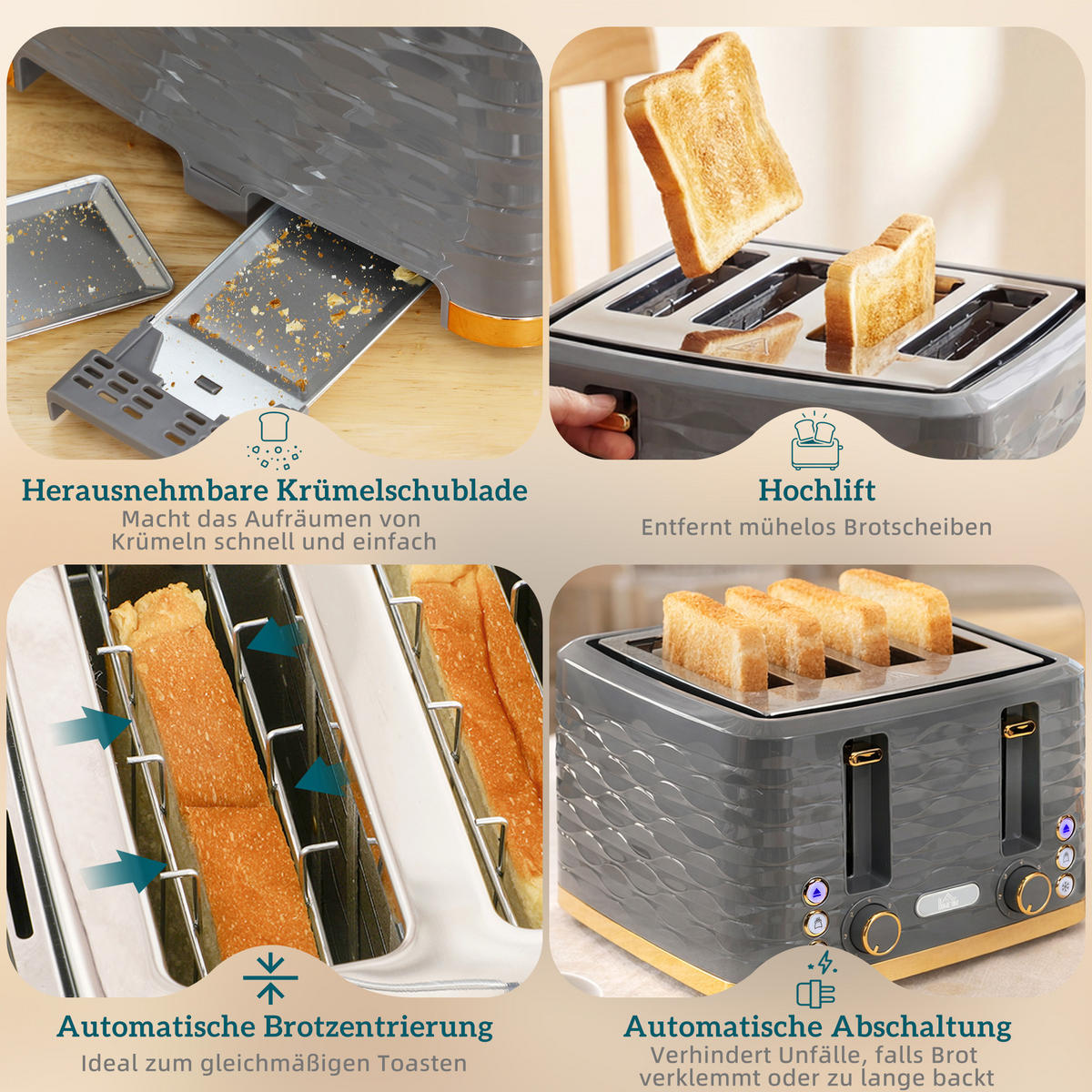 TOASTER DE-07955 4 Scheiben, 7 Bräunungsstufen, Wellenoptik Grau - Grau, Kunststoff (27.5/18.9/29.2cm) - ComfortXL