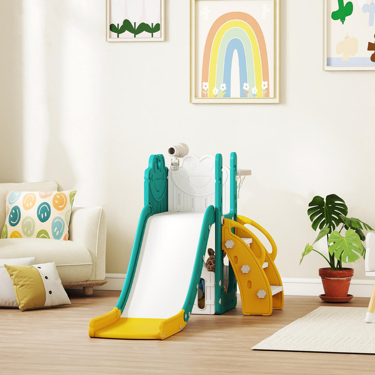 KINDERRUTSCHE 5 in 1 Indoor und Outdoor Babyrutsche mit Basketballkorb, Gelb - Gelb, Kunststoff (70/86/178cm) - AIYAPLAY