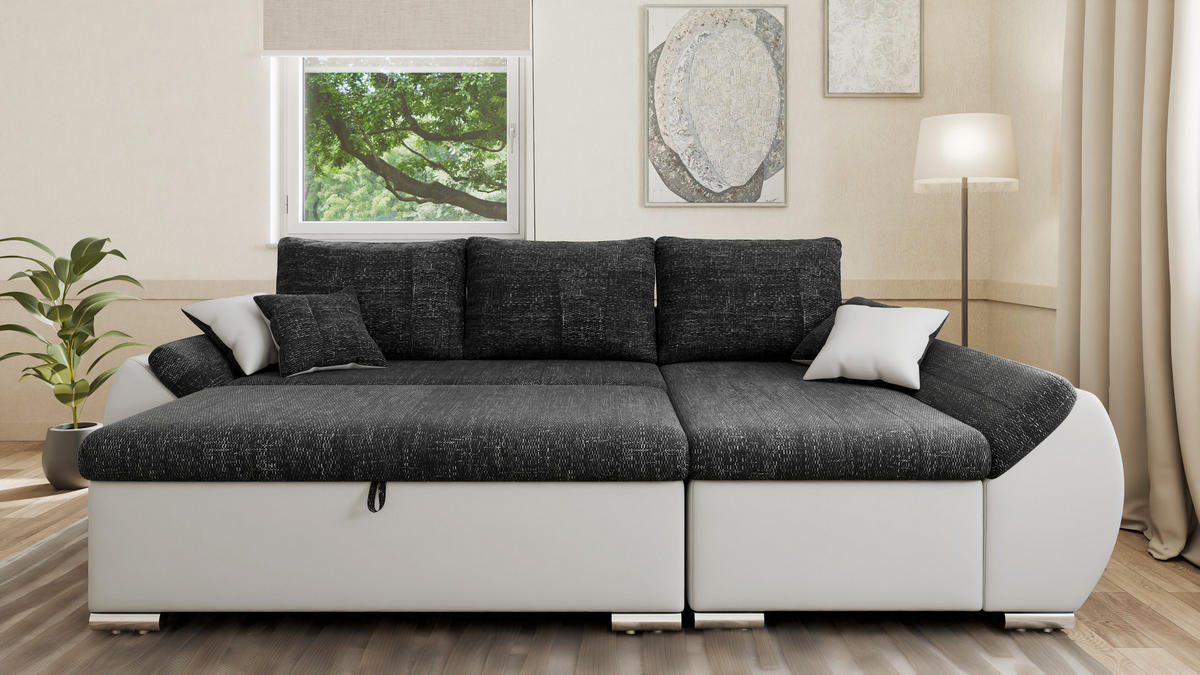 ECKSCHLAFSOFA ALEX – Schwarz + Weiß (Lawa 06 + Soft 17) + Hocker - Rechts - Schwarz, Holzwerkstoff/Metall (275/155cm) - Möblo