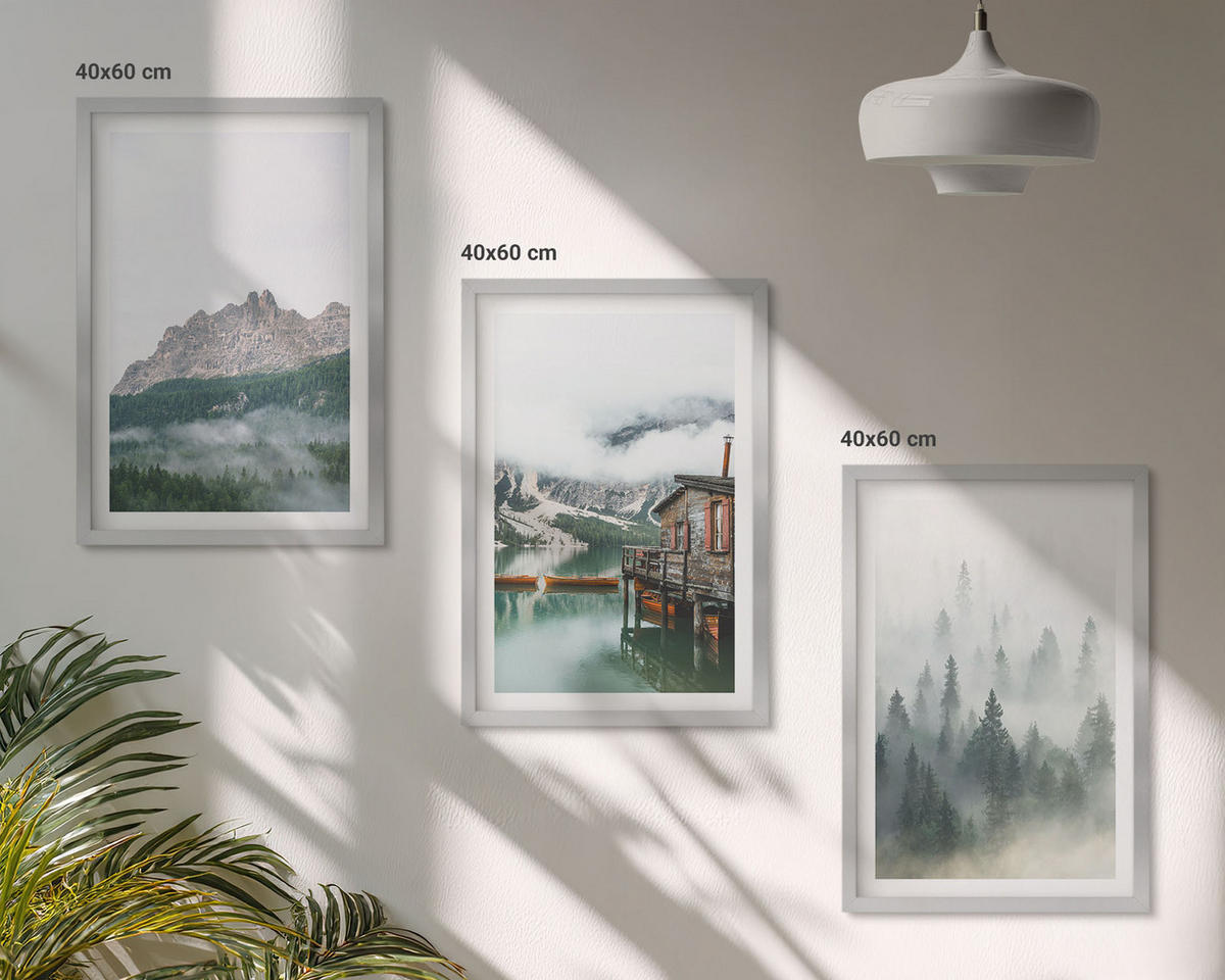 BILDER SET 3er Set - 40x60 cm Silberner Rahmen - Berge, See, Hütte, Nebel - Silberfarben, Kunststoff (40/60cm) - TULUP