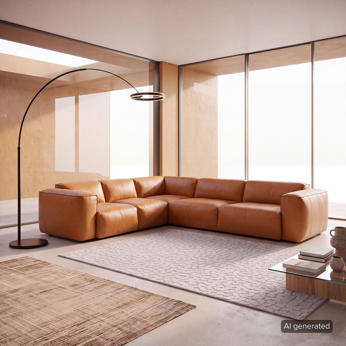ECKSOFA mit Rundecke - Cognac/Schwarz, Leder/Kunststoff (325/260cm) - home24