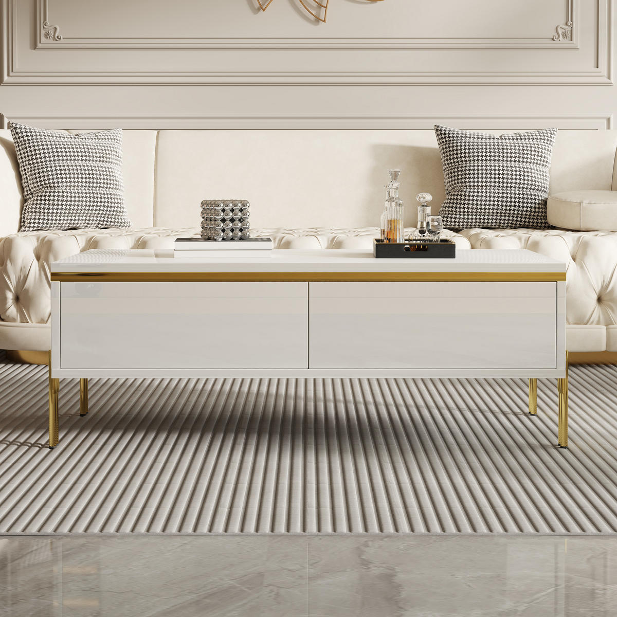 COUCHTISCH 100/50/36 cm Weiß aus Holzwerkstoff mit Schubladen beidseitig und Hochglanzoberfläche - Weiß, Holzwerkstoff (100/50/36cm) - OKWISH