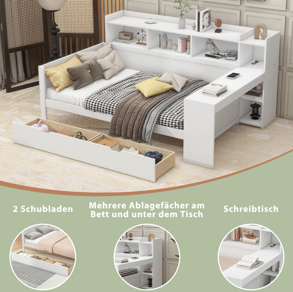TAGESBETT 90/200 cm mit Schreibtisch, USB-Anschluss, Steckdose und 2 Schubladen, Weiß - Weiß, Holzwerkstoff (90/200cm) - Redom