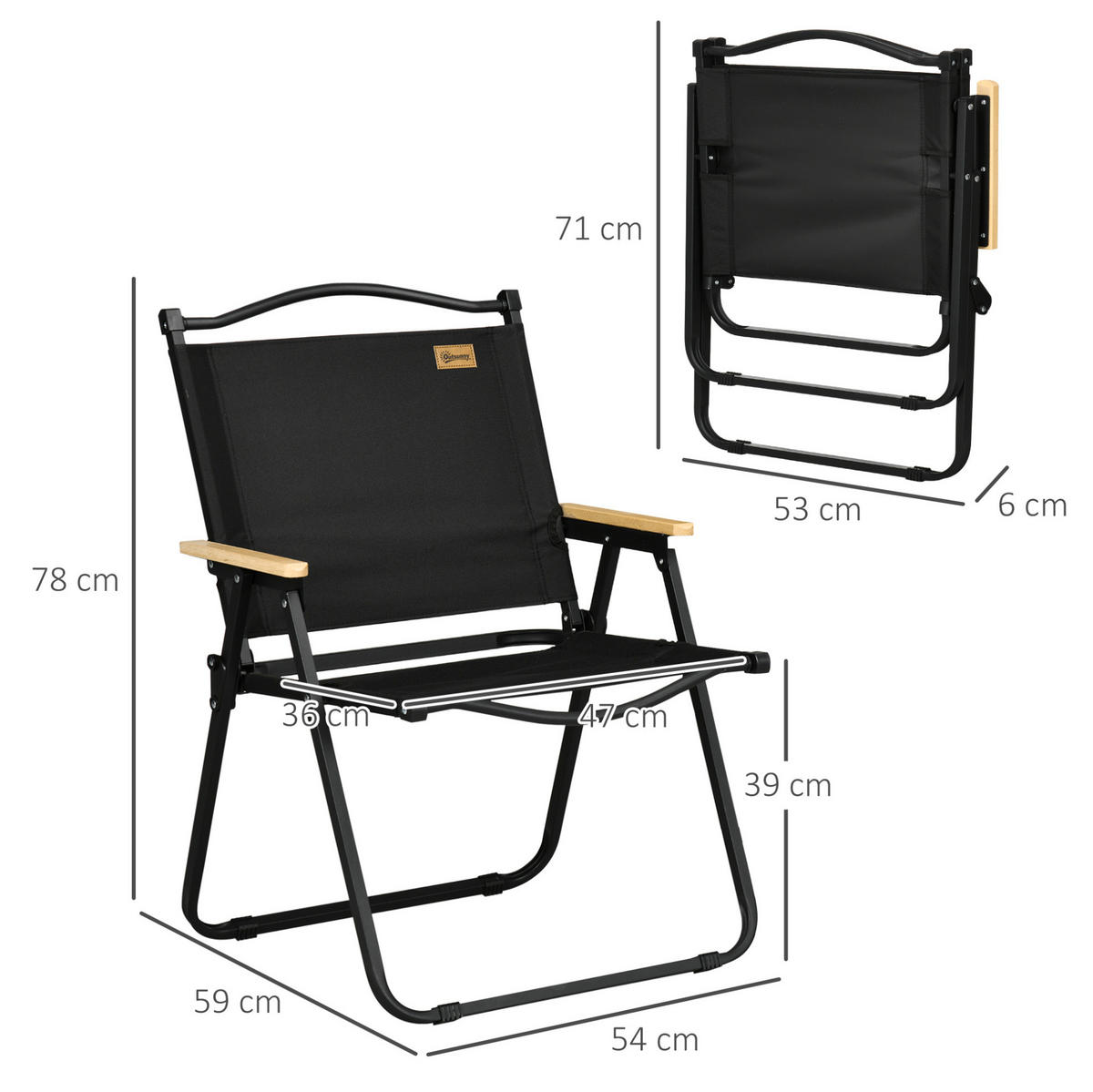CAMPINGSTUHL 54/59/78 cm, klappbar und tragbar mit Stahlrahmen und UV-beständigem Polyester, Schwarz - Schwarz, Metall (59/78/54cm) - Redom