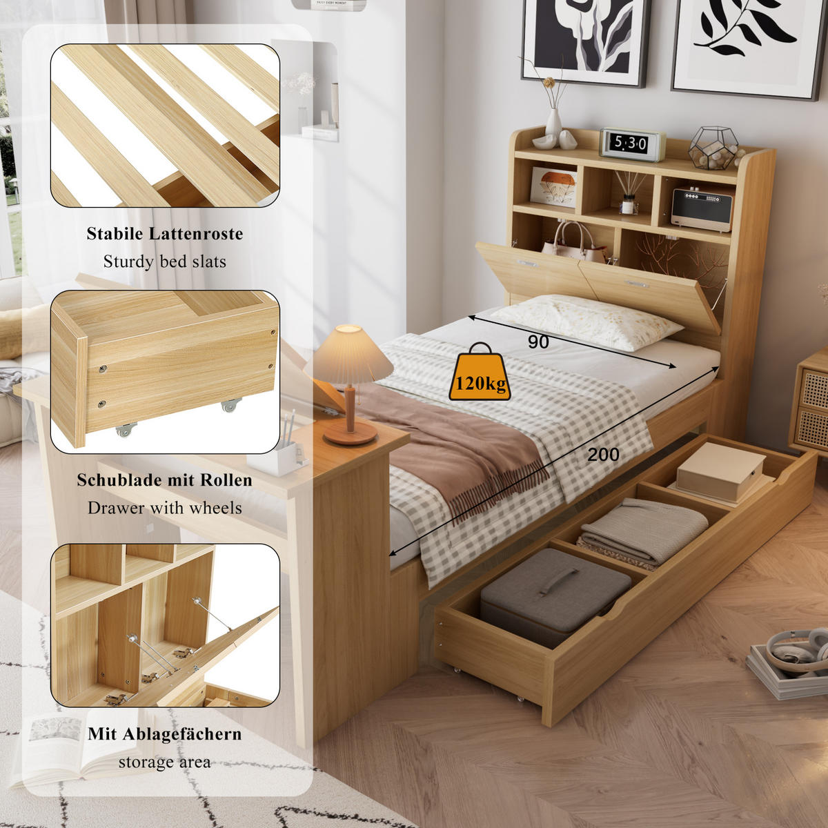 EINZELBETT 90/200 cm Natur mit Bettkasten und Klapptisch ohne Matratze - Naturfarben, Holz (90/200cm) - MIVRAY