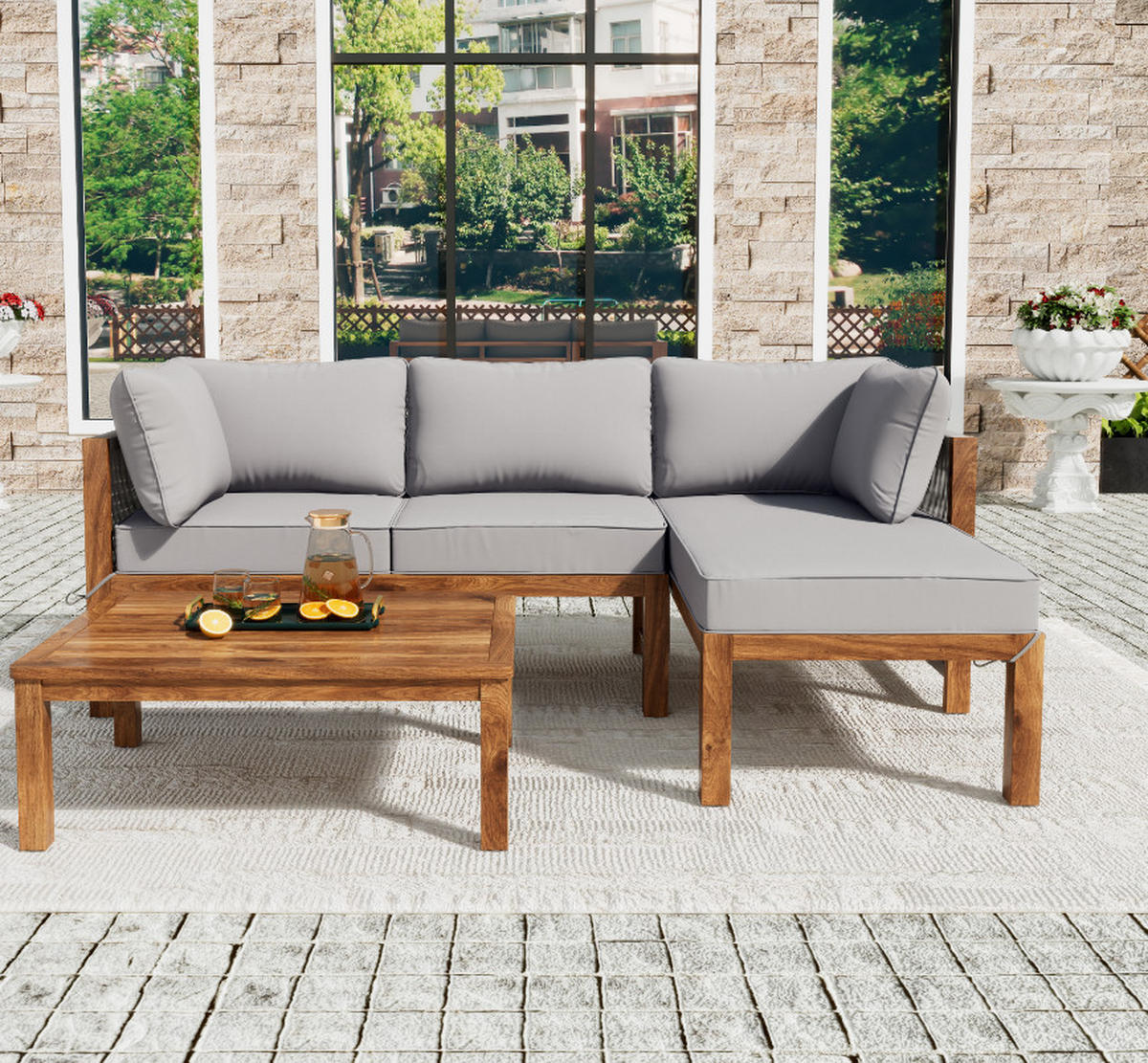 GARTENMÖBEL,2 Zweisitzer und 1 Tisch,grau - Grau, Holz - Vallsero