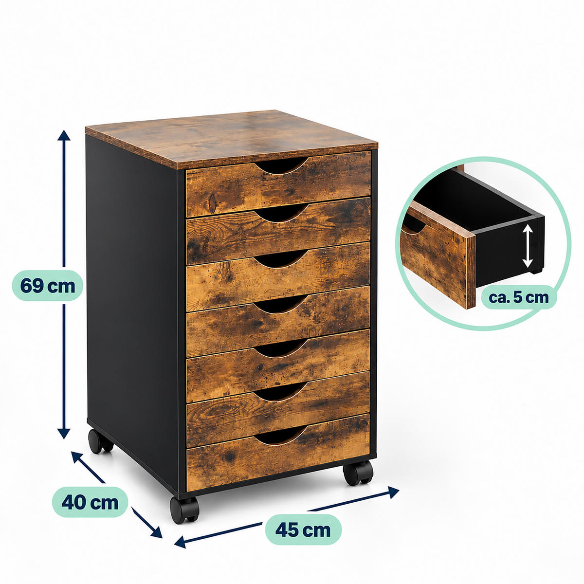 ROLLCONTAINER Industrial-Schwarz 7 Schubladen - Multicolor, Holzwerkstoff/Kunststoff (45/69/40cm) - Relaxdays