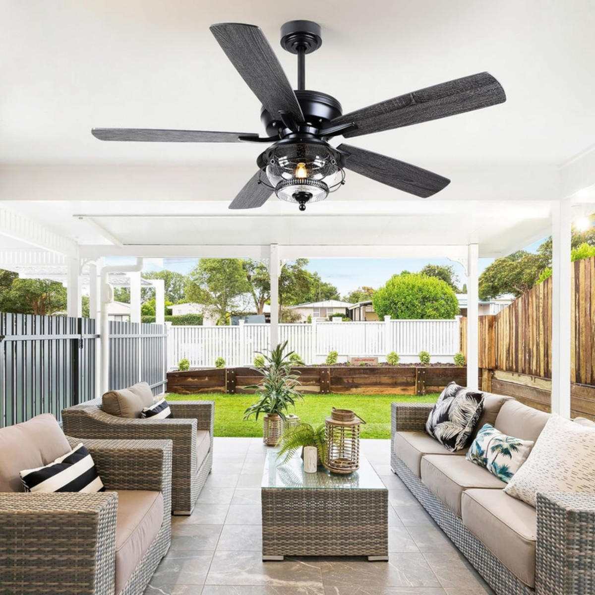 DECKENVENTILATOR für geschützte Außenbereiche Schwarz 132 cm mit LED und leisem DC-Motor 5012 - Schwarz, Metall (132/132/53cm) - Surtime
