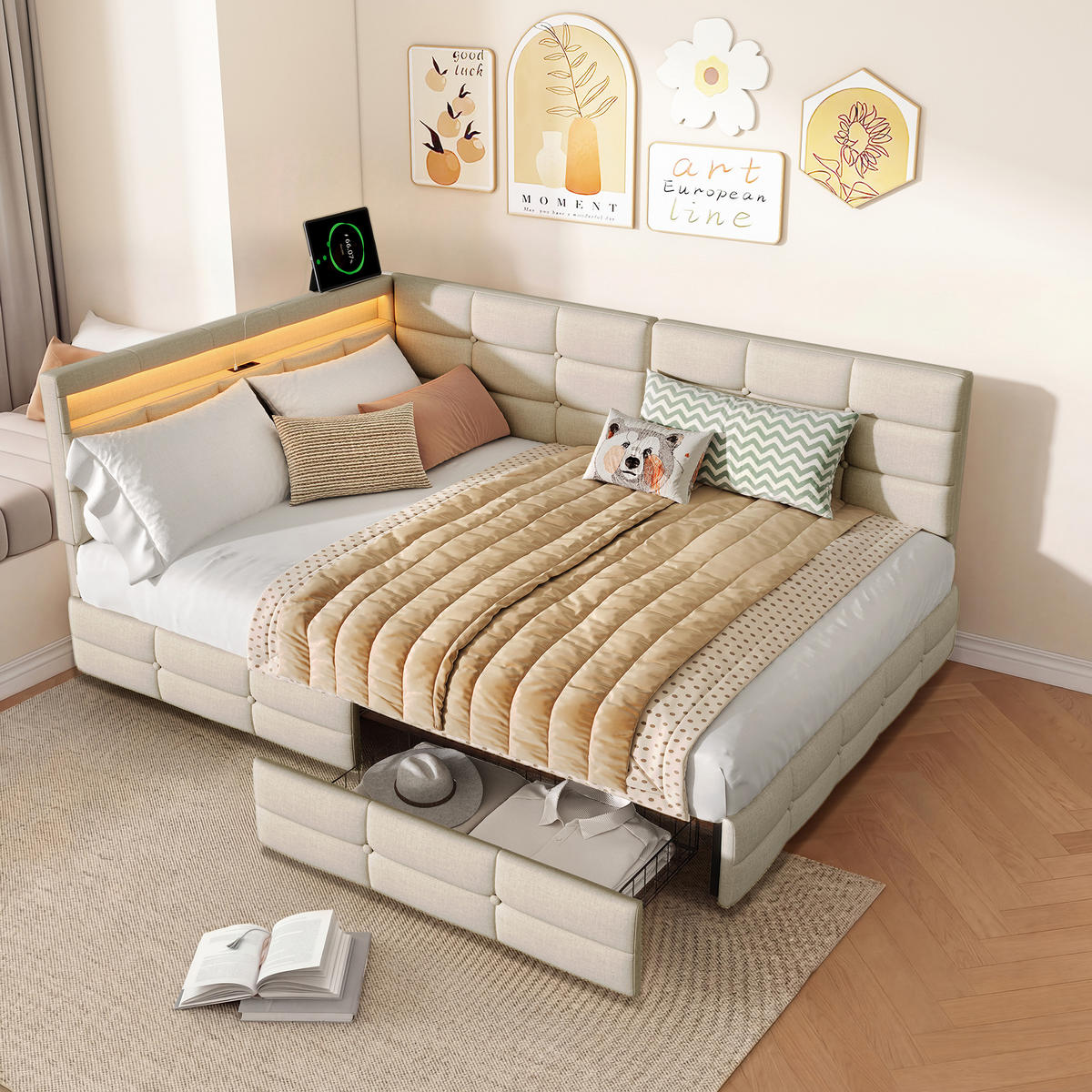 BETT 140x200 cm mit L-förmigem Kopfteil, 2 Schubladen, USB-Ladeanschluss, LED-Licht, Leinenstoff, Beige - Beige, Holz (140/200cm) - BRILVERDE