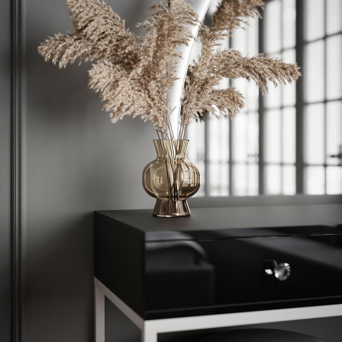 SCHMINKTISCH weiß/schwarz Hochglanz QUINNIE mit LED-Spiegel links Griff Kristall - Schwarz Hochglanz/Weiß, Holzwerkstoff (100/176/42cm) - Lookway