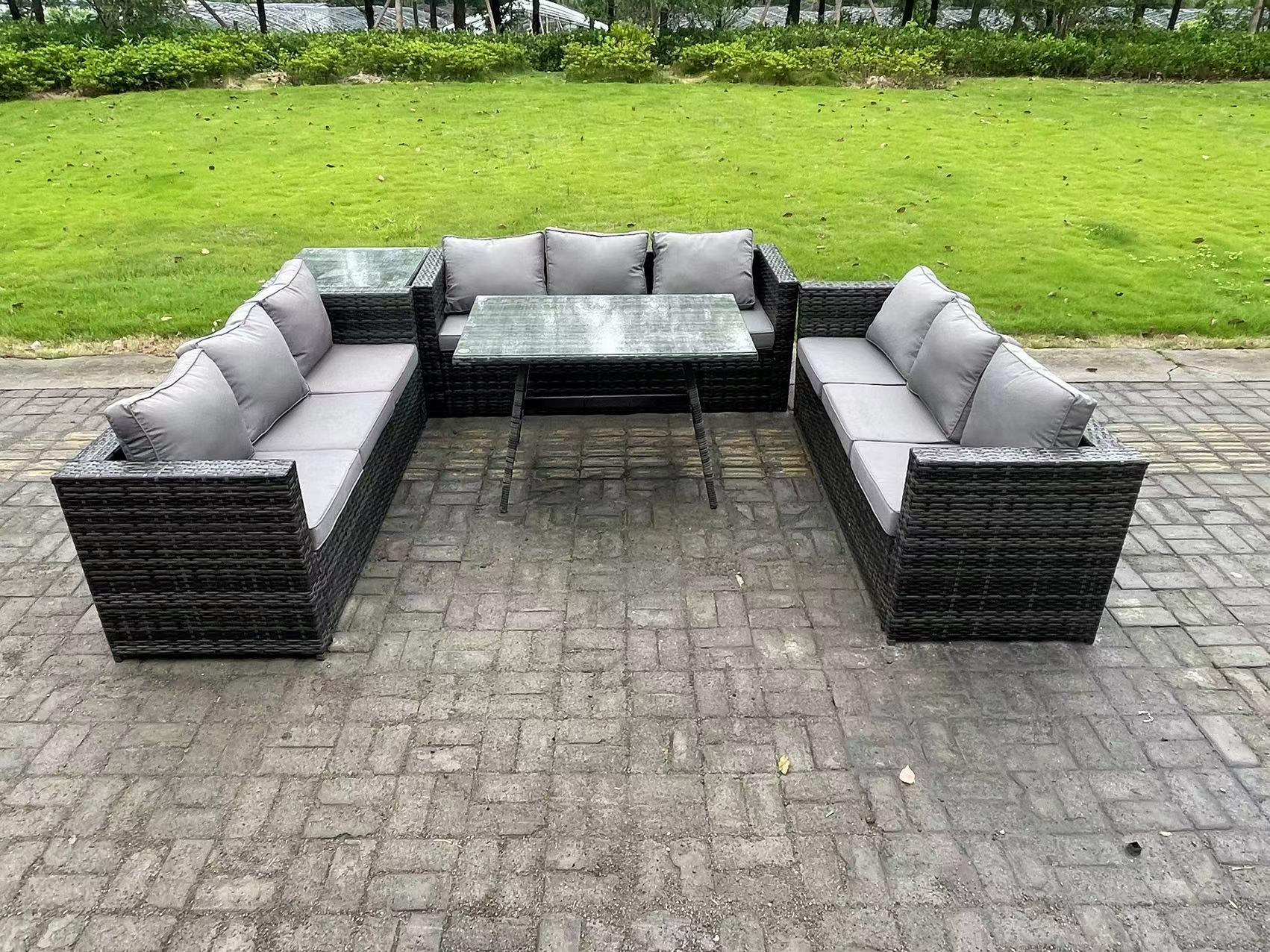 GARTENMÖBELSET mit Esstisch Beistelltisch 9-Sitzer Grau - Dunkelgrau/Grau, Glas/Kunststoff - Fimous
