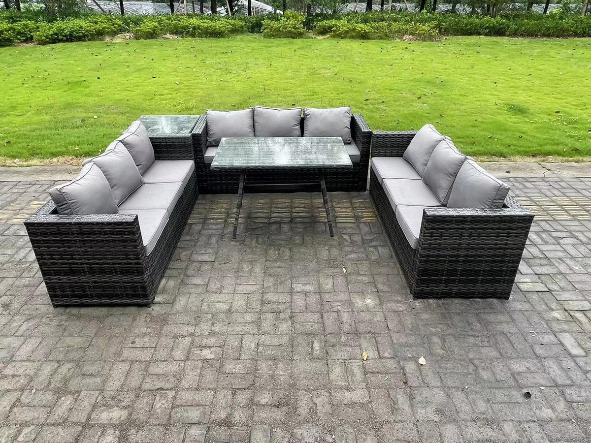 GARTENMÖBELSET mit Esstisch Beistelltisch 9-Sitzer Grau - Dunkelgrau/Grau, Glas/Kunststoff - Fimous