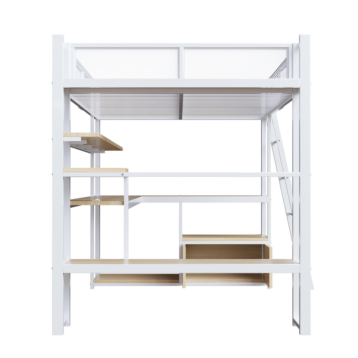 HOCHBETT 140/200 cm in Weiß mit Schreibtisch, LED und Stauraum aus Metall - Weiß, Metall (140/200cm) - CHICFURN