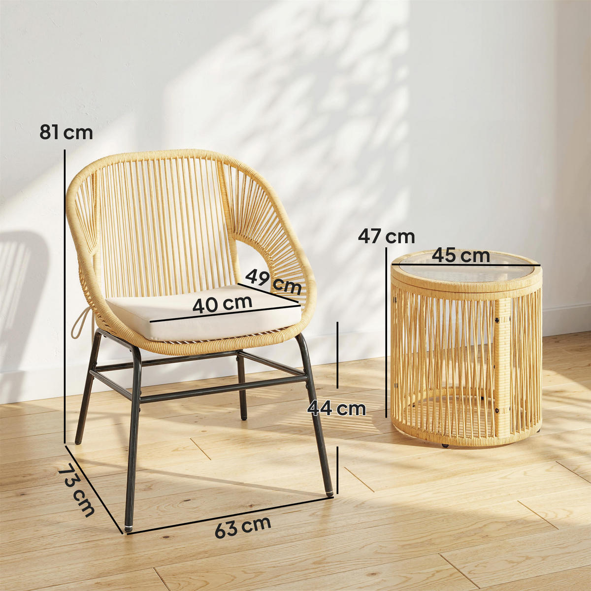 BISTROSET 3-teilig aus Stahl PE-Rattan Beige - Beige/Schwarz, Textil/Metall - Outsunny