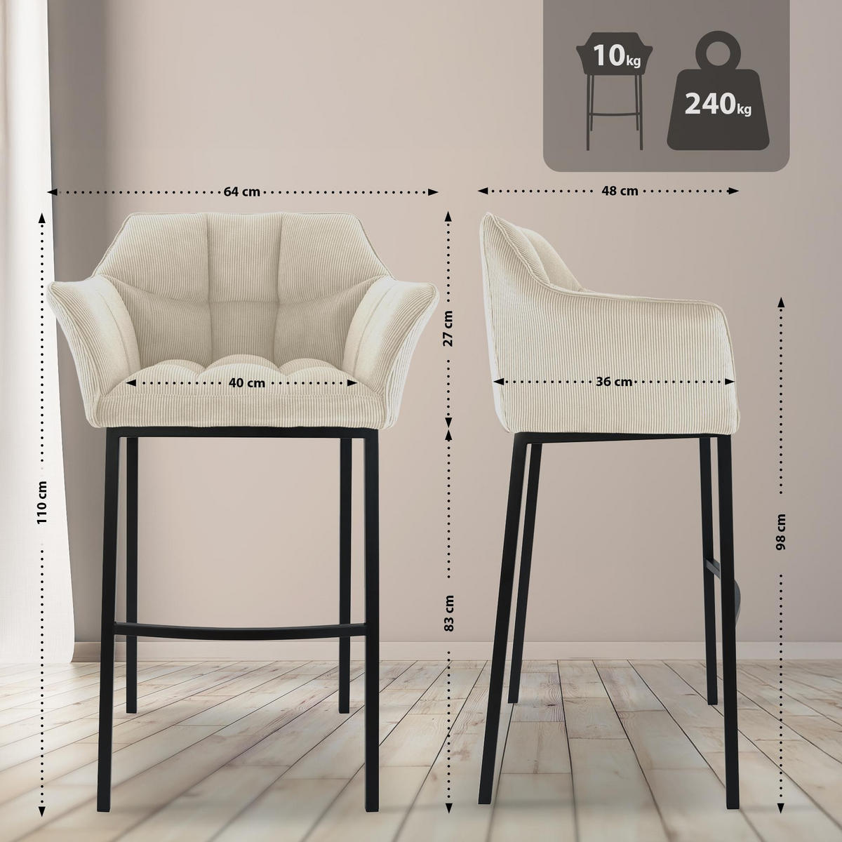 BARHOCKER Damaso Cordbezug 110x64x48 cm creme - Creme, Metall (64/110/48cm) - furnicato