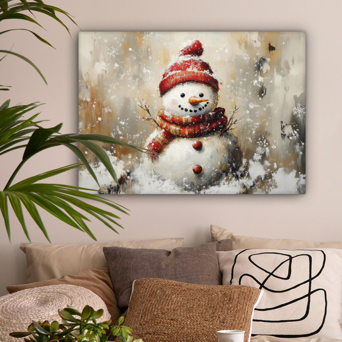 LEINWANDBILD Schneemann - Winter - Schnee - Beige Wandbilder 80x60 cm - Weiß, Textil (80/60cm) - MuchoWow