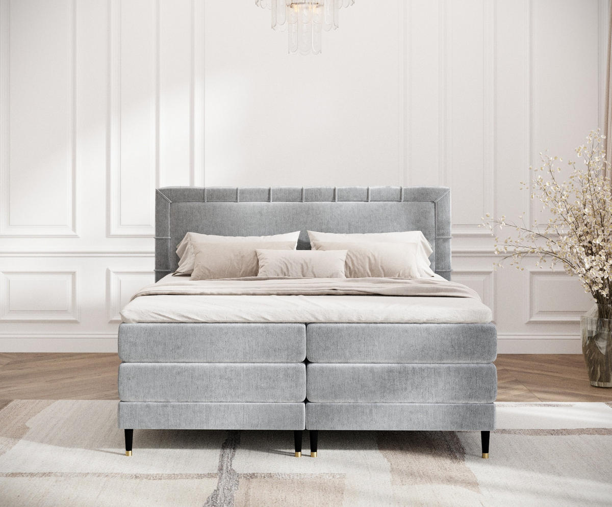 BOXSPRINGBETT Rimini Hellgrau 180/200 cm mit Matratze und Topper - Hellgrau/Schwarz, Holz/Holzwerkstoff (180/200cm) - Maison de Reve