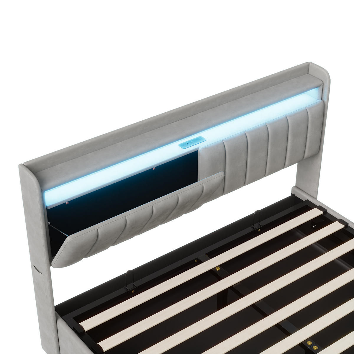 POLSTERBETT 140x200 cm mit LED, USB Und Type-C, Doppelbett mit Bettkasten 140x200, Stauraum, Grau Samt - Grau, Textil/Metall (140/200cm) - GENKI LIVING