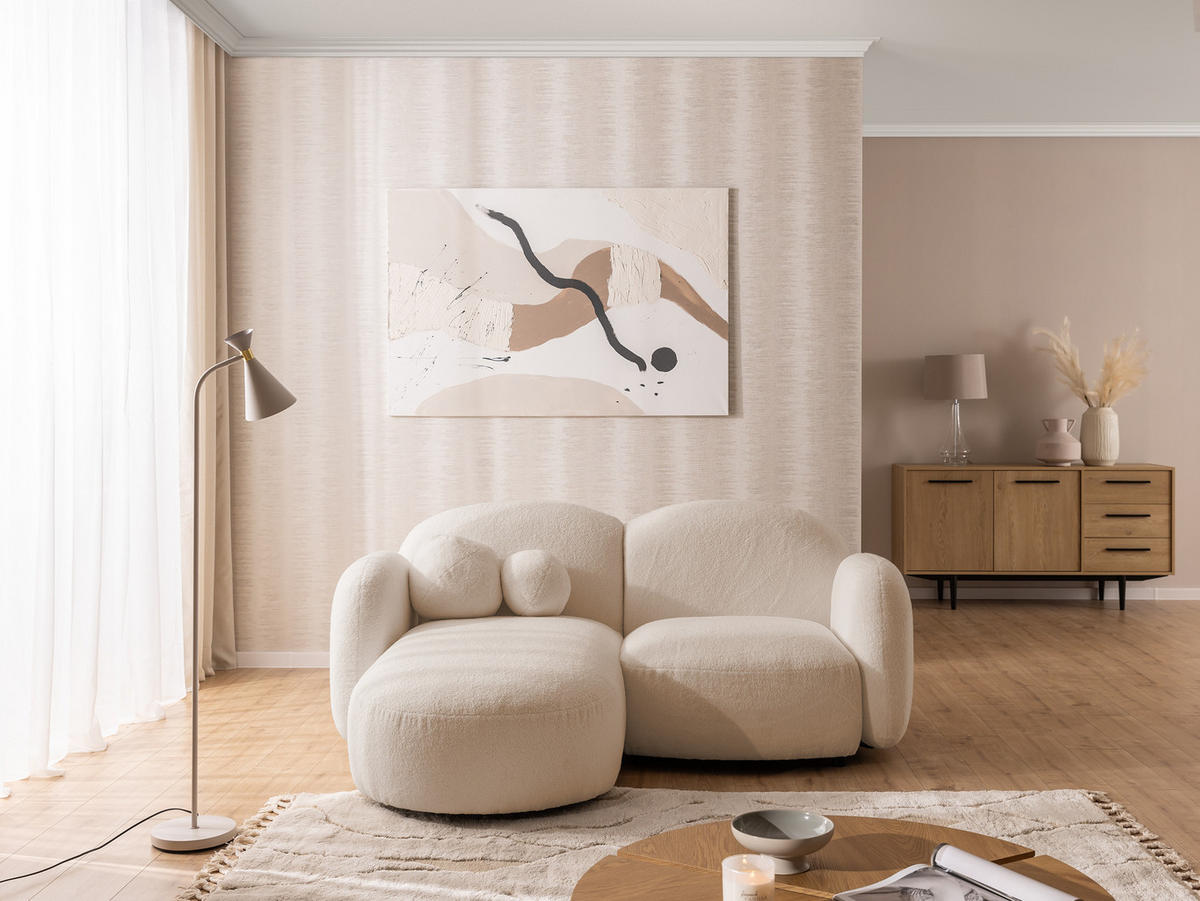ECKSOFA Nuvola mit abgerundetem Design Hellbeige Bouclé-Stoff - Ottomane Links - Beige/Schwarz, Holz/Kunststoff (190/146cm) - S-Style Möbel