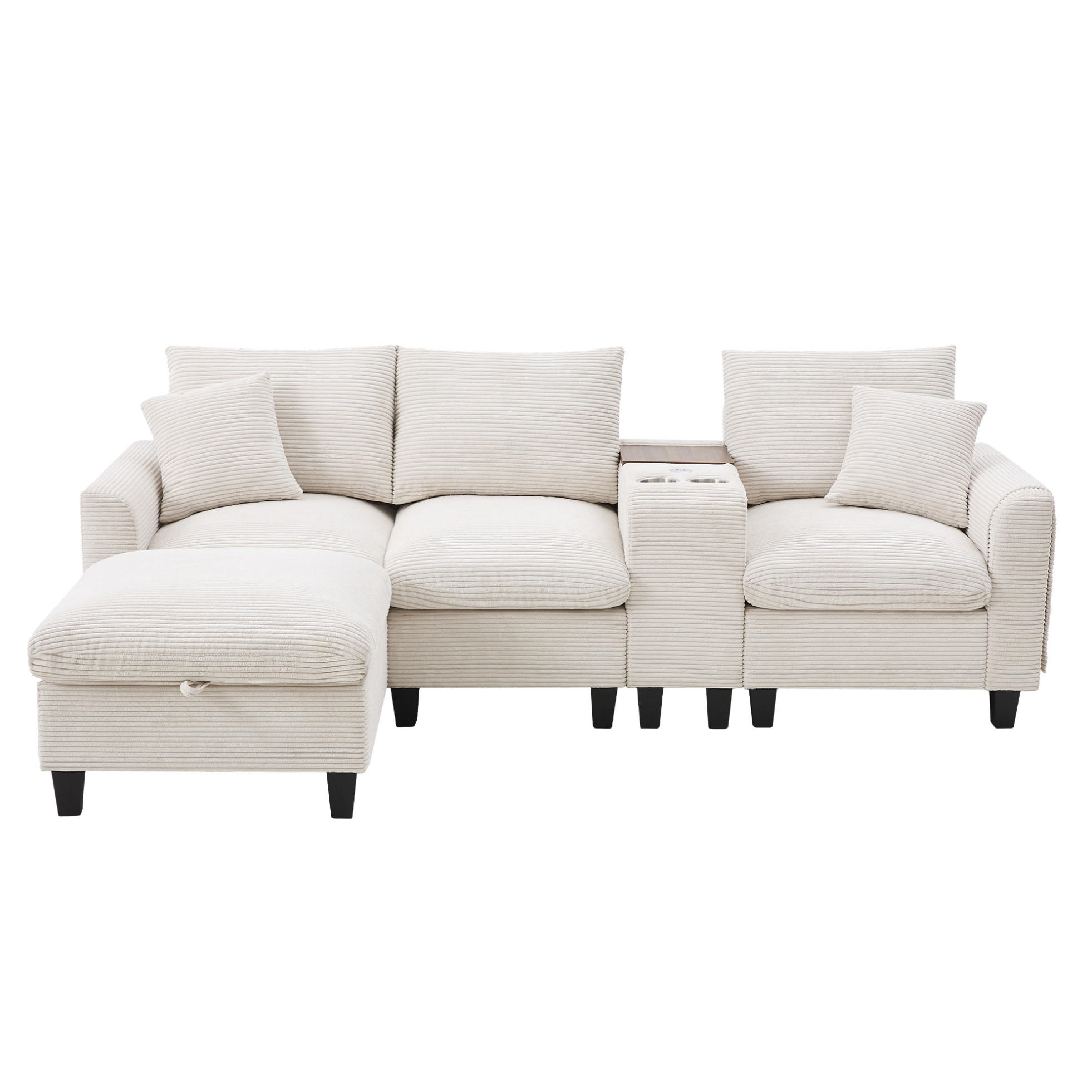 SOFA L-Form 4-Sitzer mit Konsole und 2 USB-Anschlüssen Cord Beige 229/149,5/83 cm - Beige, Textil (229/149.5cm) - OKWISH